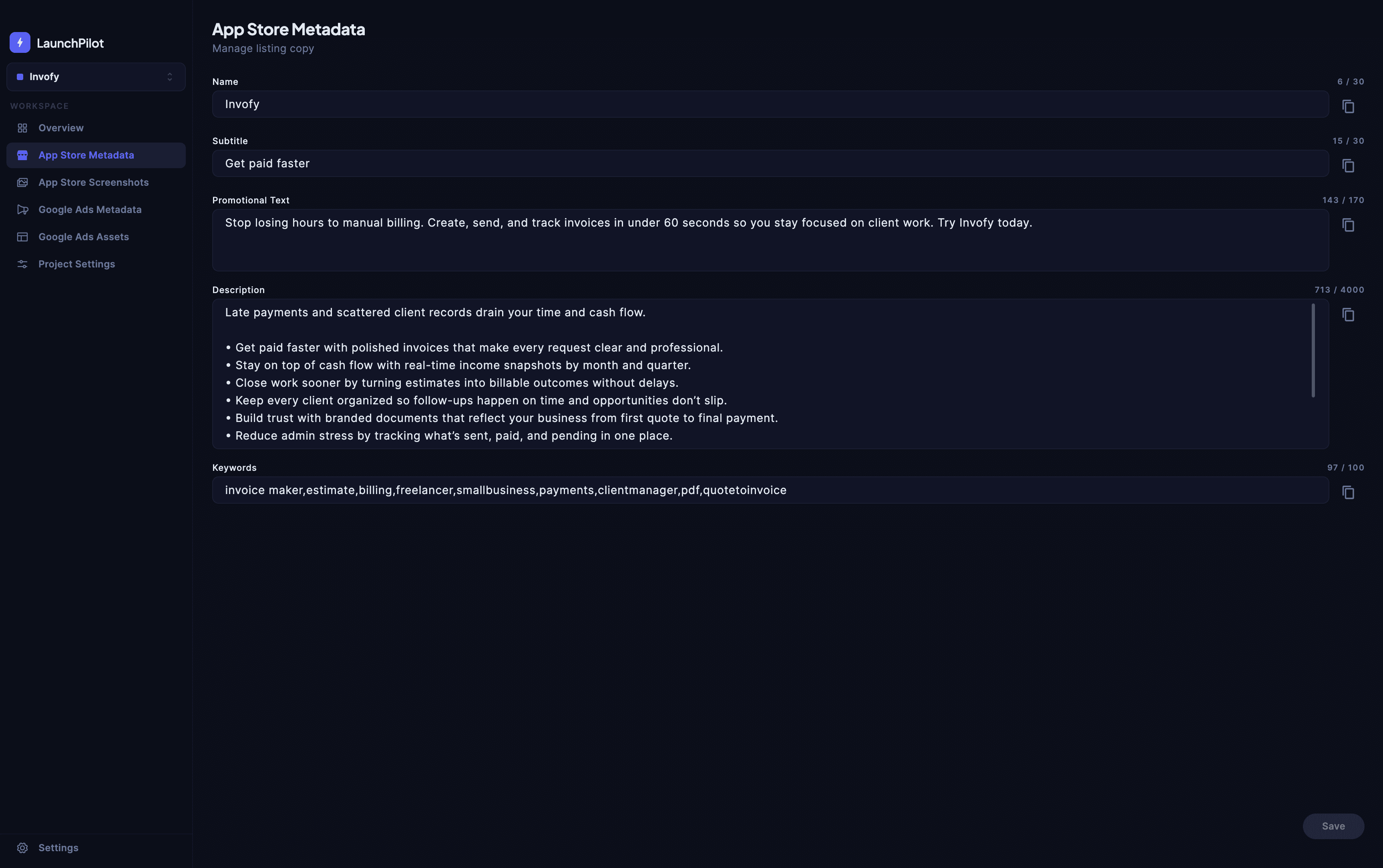 LaunchPilot App Store metadata editor showing app name, subtitle, promotional text, description, and keyword fields with character counters