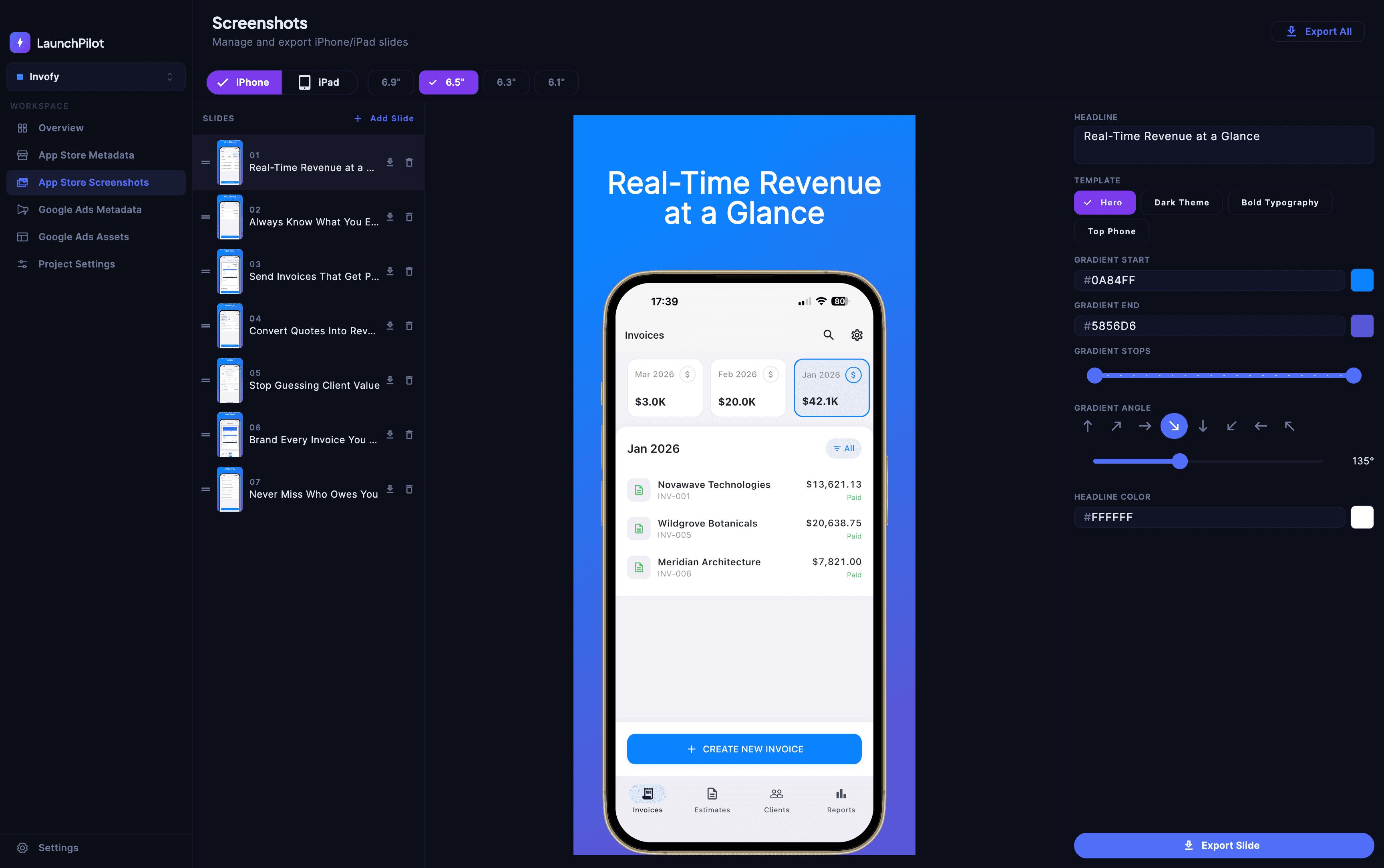LaunchPilot screenshot designer showing an iPhone device mockup with a gradient background, text overlay, and App Store export options