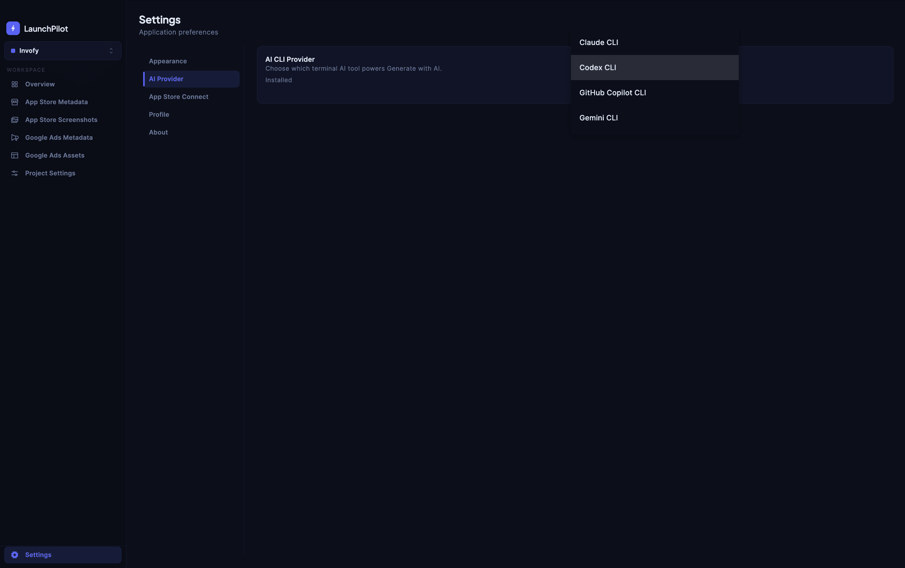 LaunchPilot AI tool selection screen showing options to connect Claude, ChatGPT, and other AI CLI tools for metadata and ad copy generation