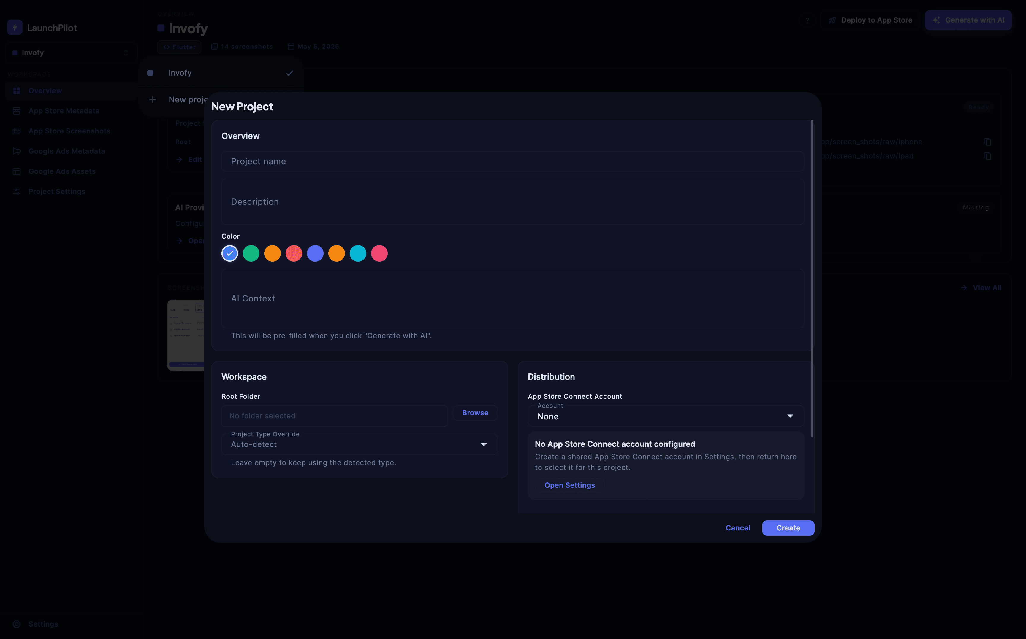 LaunchPilot project creation screen showing automatic detection of Flutter, Swift iOS, and React Native app projects