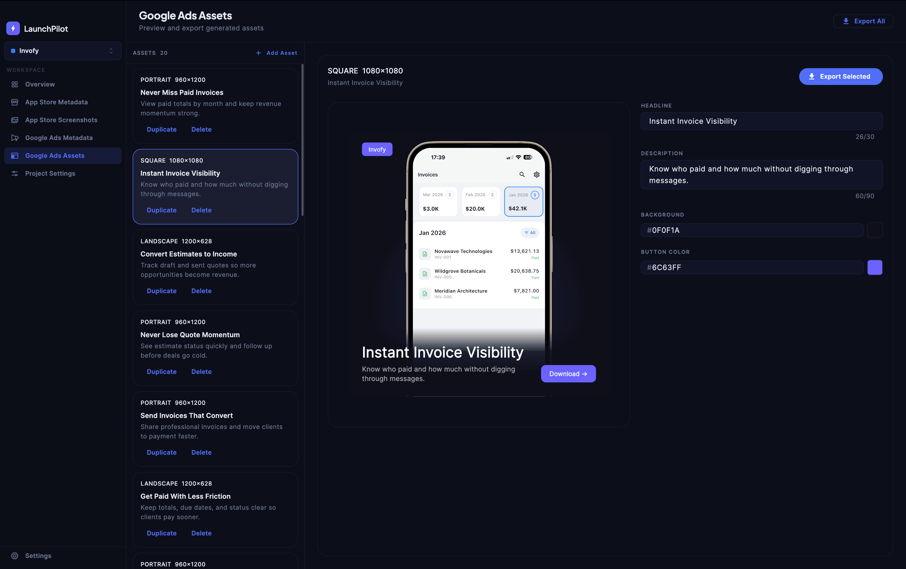 LaunchPilot Google Ads workspace showing headlines and descriptions fields organized per mobile app project