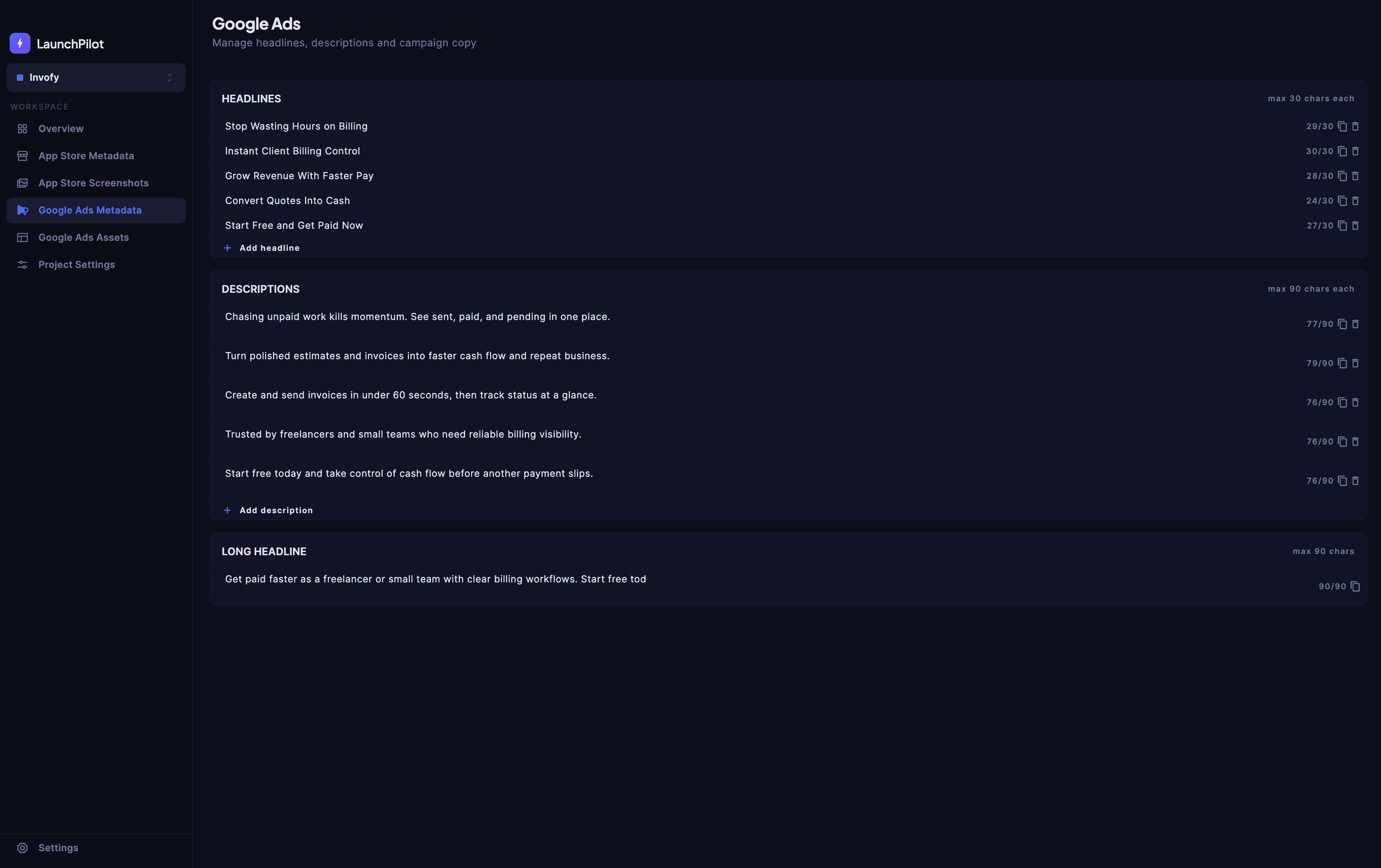 LaunchPilot Google Ads metadata editor showing headlines, descriptions, and long headline fields with character count indicators