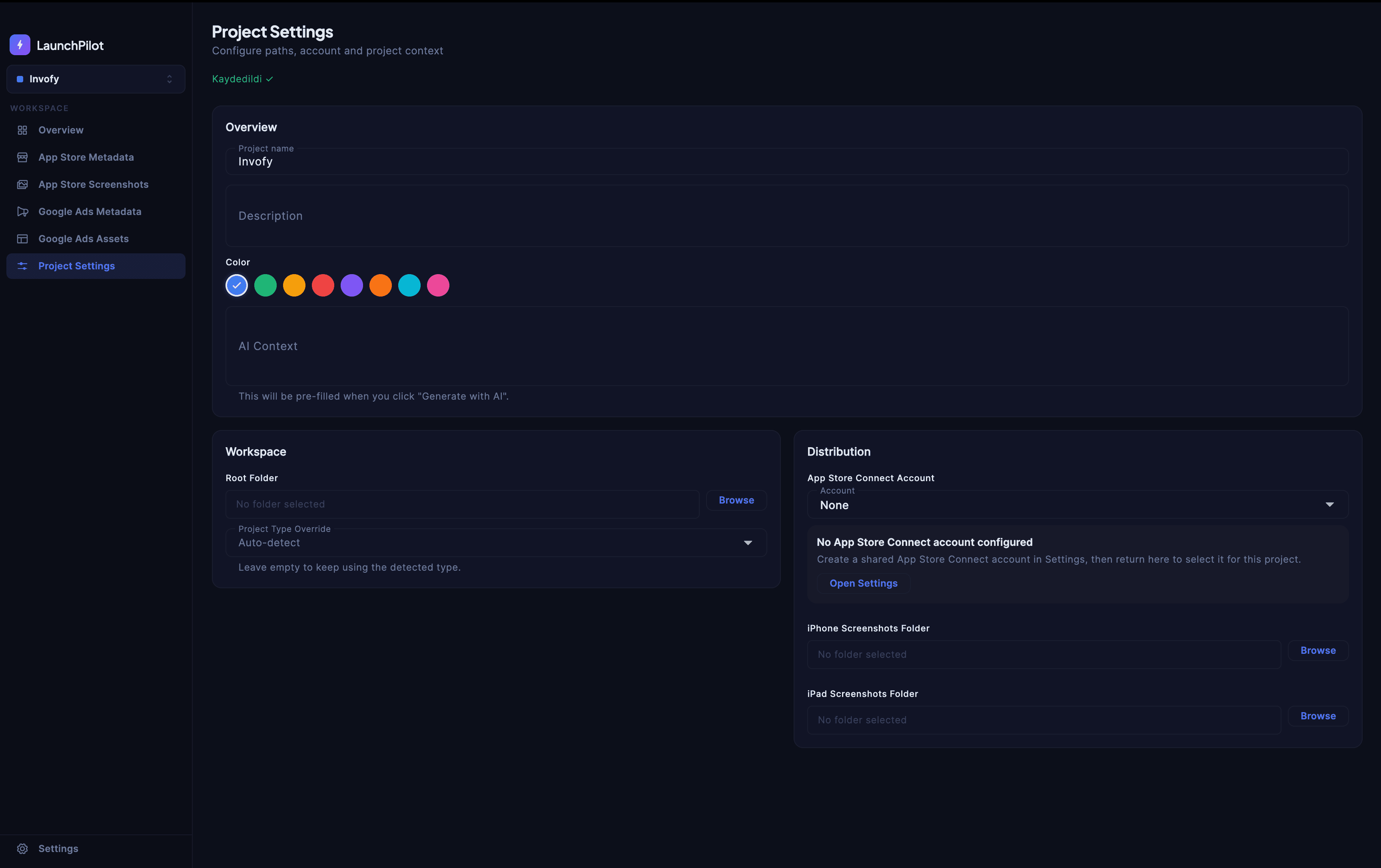 LaunchPilot App Store Connect settings panel showing API key configuration, distribution folder mapping, and deployment options